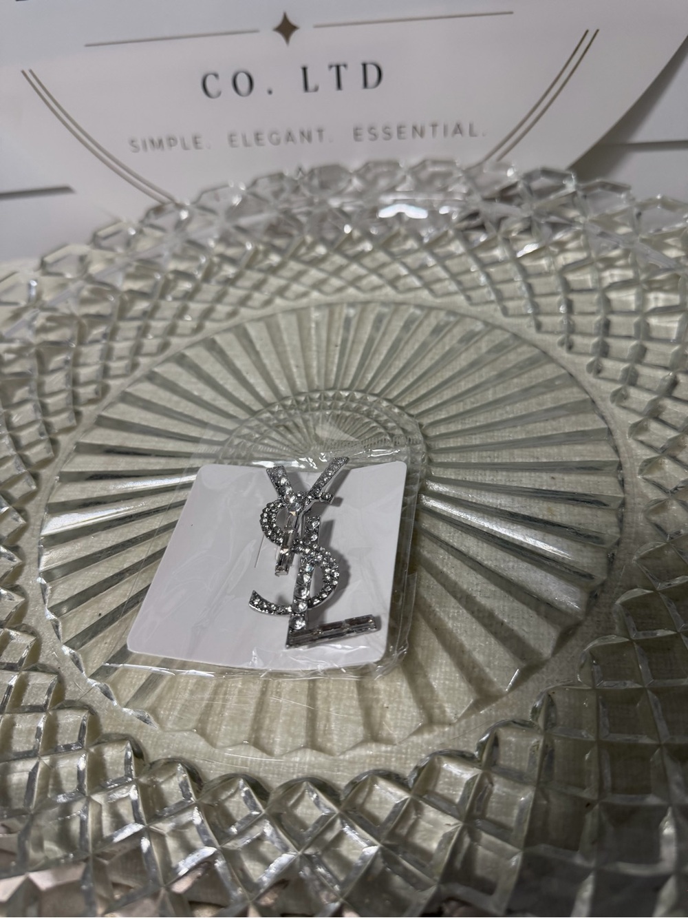 YSL Crystal Logo Brooch — Silver